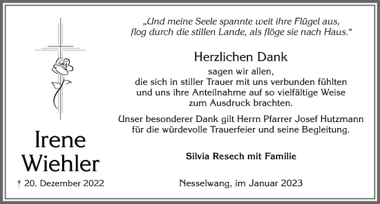 Traueranzeige von Irene Wiehler von Allgäuer Zeitung, Füssen
