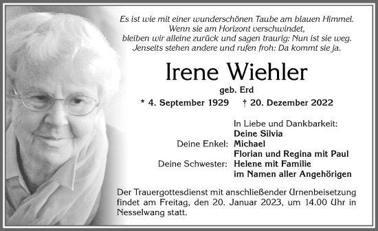 Traueranzeige von Irene Wiehler von Allgäuer Zeitung, Füssen