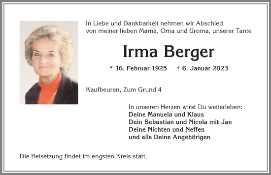 Traueranzeige von Irma Berger von Allgäuer Zeitung, Kaufbeuren/Buchloe