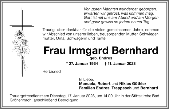 Traueranzeige von Irmgard Bernhard von Memminger Zeitung