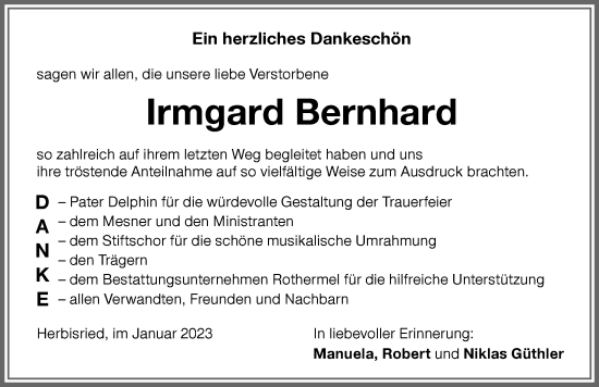 Traueranzeige von Irmgard Bernhard von Memminger Zeitung
