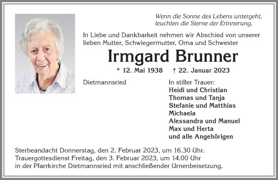 Traueranzeige von Irmgard Brunner von Allgäuer Zeitung,Kempten