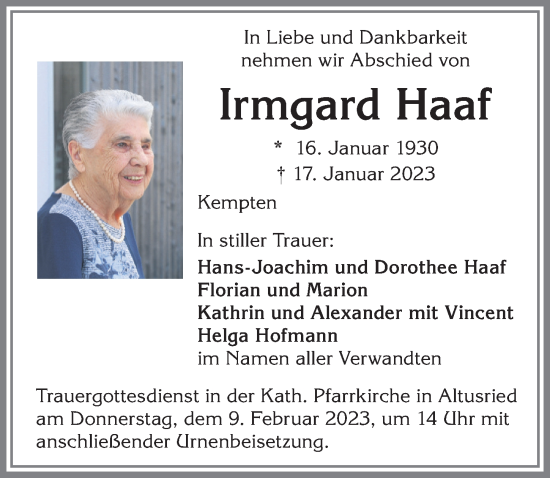 Traueranzeige von Irmgard Haaf von Allgäuer Zeitung,Kempten