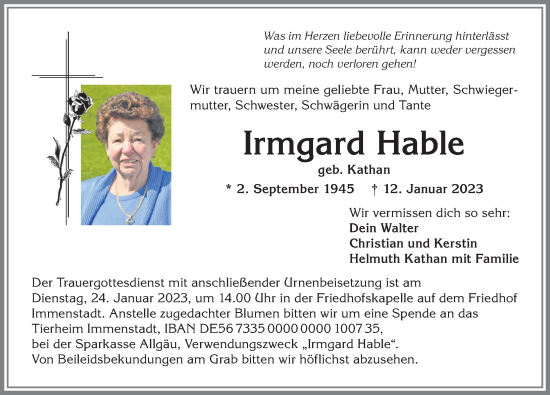 Traueranzeige von Irmgard Hable von Allgäuer Anzeigeblatt