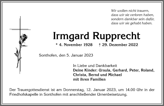 Traueranzeige von Irmgard Rupprecht von Allgäuer Anzeigeblatt