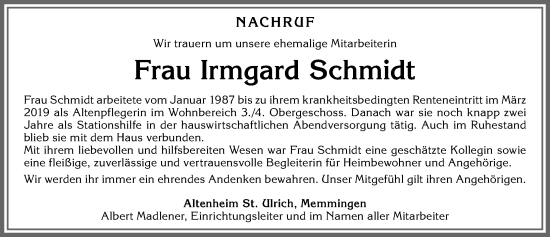 Traueranzeige von Irmgard Schmidt von Memminger Zeitung