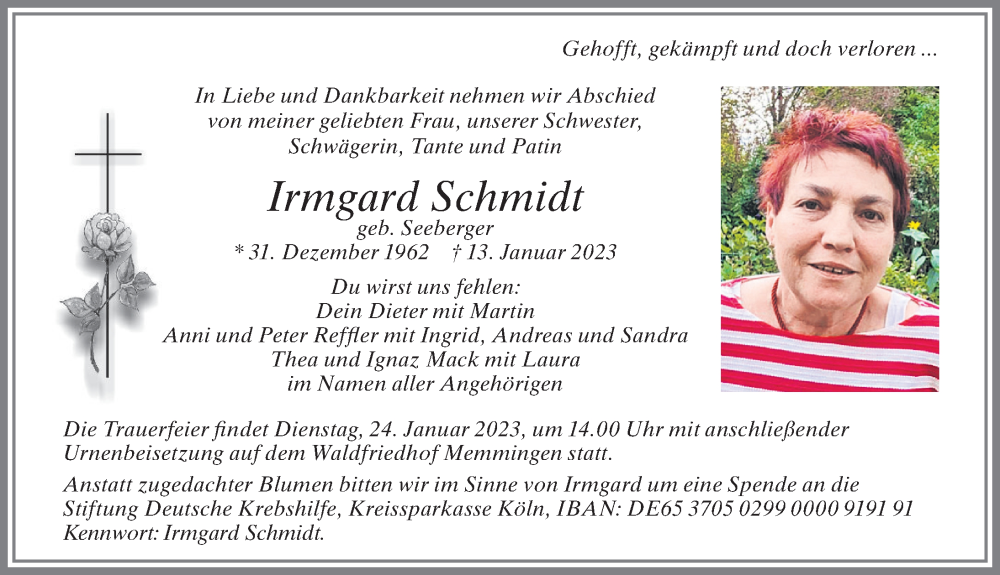  Traueranzeige für Irmgard Schmidt vom 21.01.2023 aus Memminger Zeitung