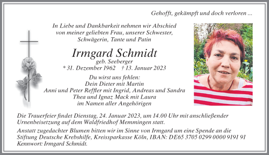 Traueranzeige von Irmgard Schmidt von Memminger Zeitung