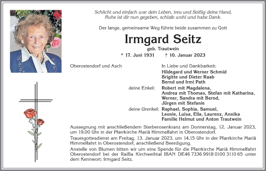Traueranzeige von Irmgard Seitz von Allgäuer Zeitung, Kaufbeuren/Buchloe