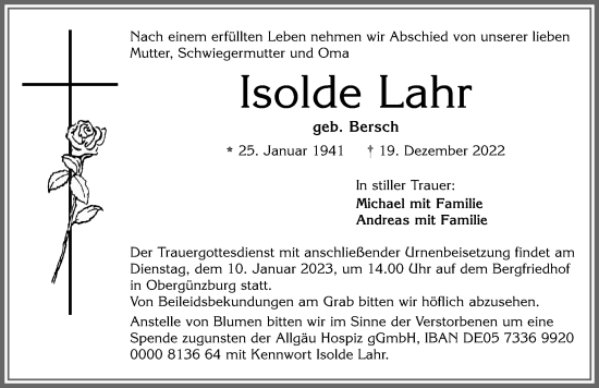 Traueranzeige von Isolde Lahr von Allgäuer Zeitung, Marktoberdorf