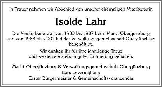Traueranzeige von Isolde Lahr von Allgäuer Zeitung, Marktoberdorf