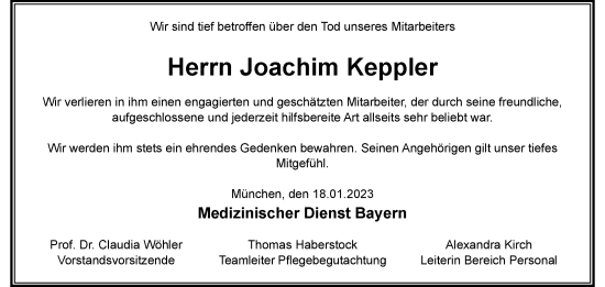 Traueranzeige von Joachim Keppler von Memminger Zeitung