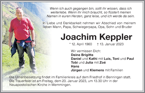 Traueranzeige von Joachim Keppler von Memminger Zeitung