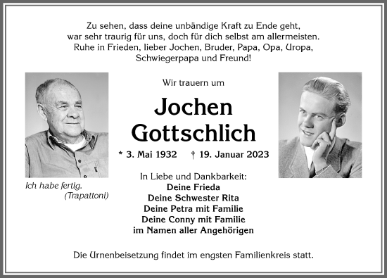 Traueranzeige von Jochen Gottschlich von Allgäuer Zeitung,Kempten