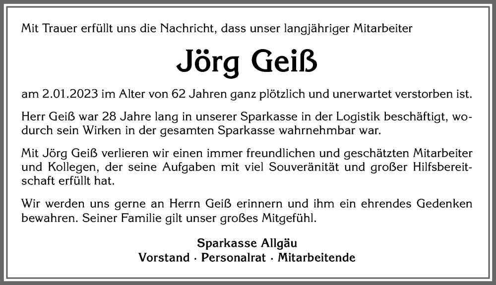  Traueranzeige für Jörg Geiß vom 09.01.2023 aus Allgäuer Zeitung,Kempten