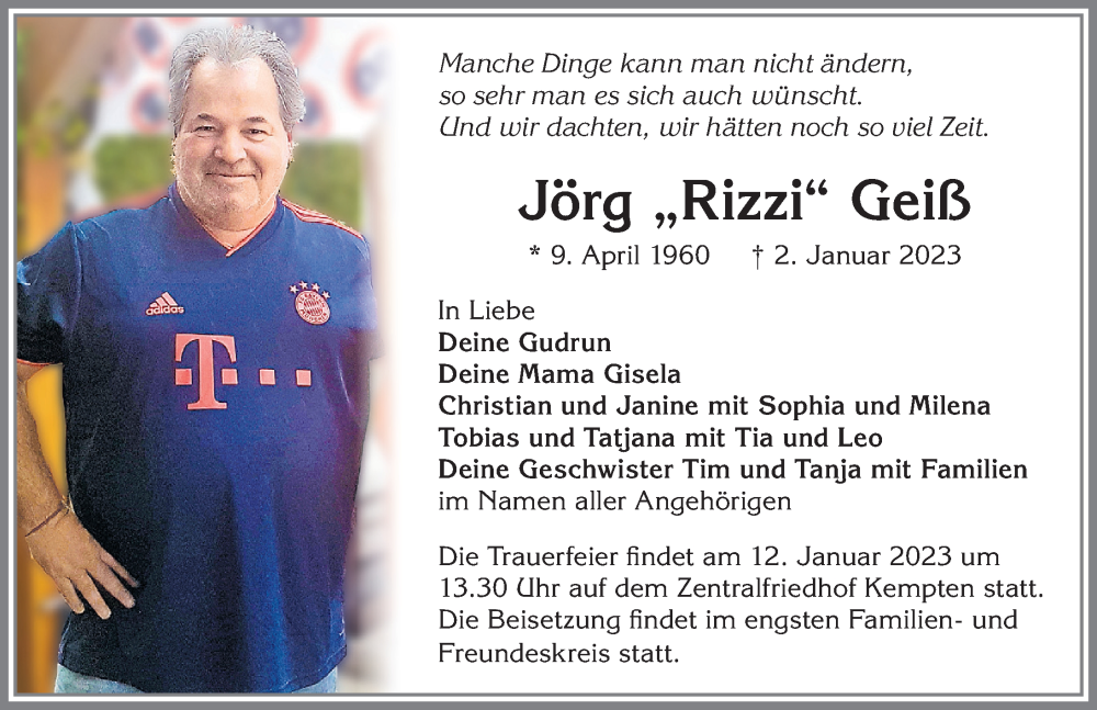  Traueranzeige für Jörg Geiß vom 09.01.2023 aus Allgäuer Zeitung,Kempten