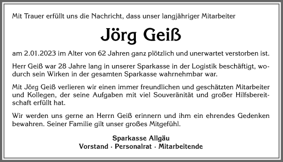 Traueranzeige von Jörg Geiß von Allgäuer Zeitung,Kempten
