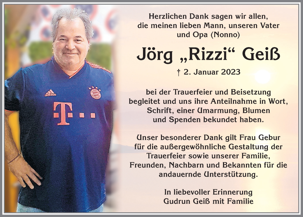  Traueranzeige für Jörg Geiß vom 26.01.2023 aus Allgäuer Zeitung,Kempten