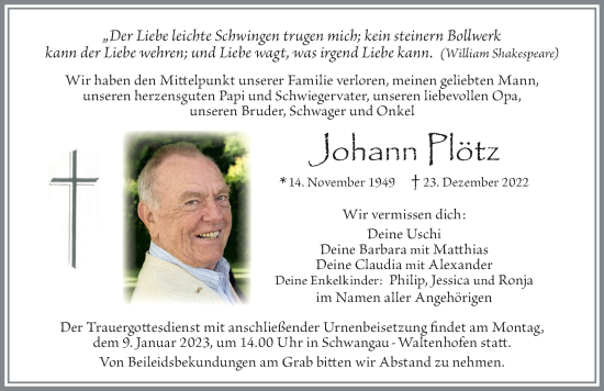 Traueranzeige von Johann Plötz von Allgäuer Zeitung, Füssen