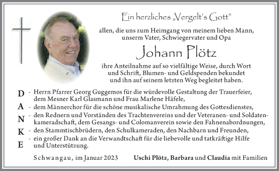 Traueranzeige von Johann Plötz von Allgäuer Zeitung, Füssen