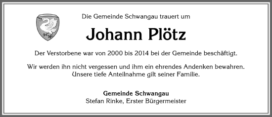 Traueranzeige von Johann Plötz von Allgäuer Zeitung, Füssen