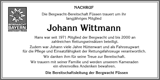 Traueranzeige von Johann Wittmann von Allgäuer Zeitung, Füssen