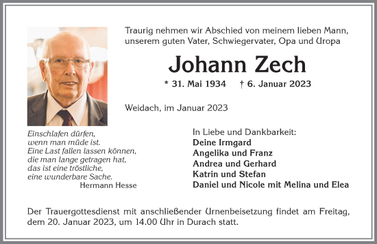 Traueranzeige von Johann Zech von Allgäuer Zeitung,Kempten