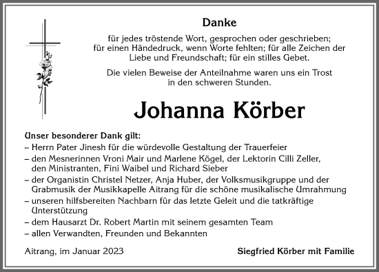 Traueranzeige von Johanna Körber von Allgäuer Zeitung, Marktoberdorf