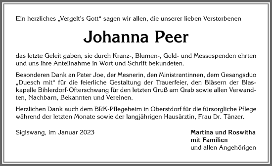 Traueranzeige von Johanna Peer von Allgäuer Anzeigeblatt