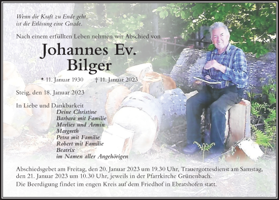 Traueranzeige von Johannes Ev. Bilger von Der Westallgäuer