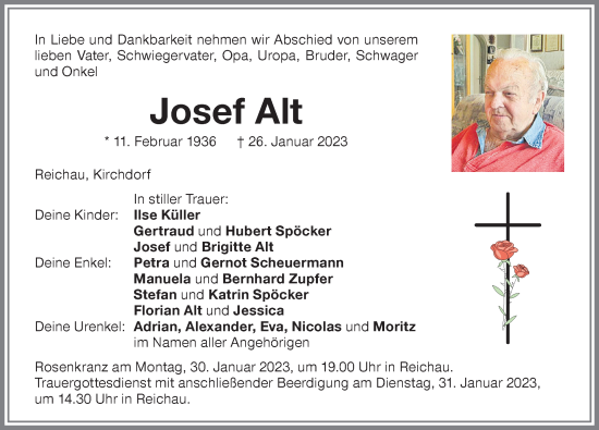 Traueranzeige von Josef Alt von Memminger Zeitung