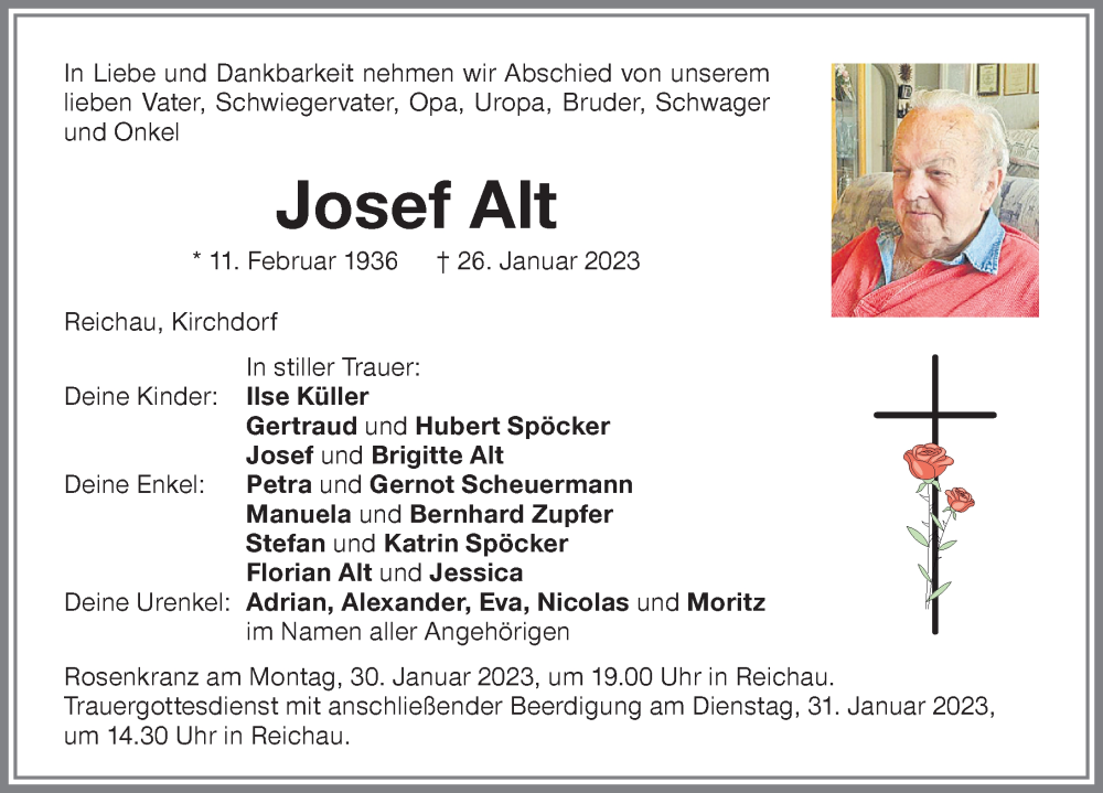  Traueranzeige für Josef Alt vom 28.01.2023 aus Memminger Zeitung
