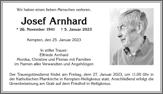 Traueranzeige von Josef Arnhard von Allgäuer Zeitung,Kempten