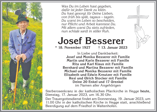 Traueranzeige von Josef Besserer von Allgäuer Zeitung, Marktoberdorf