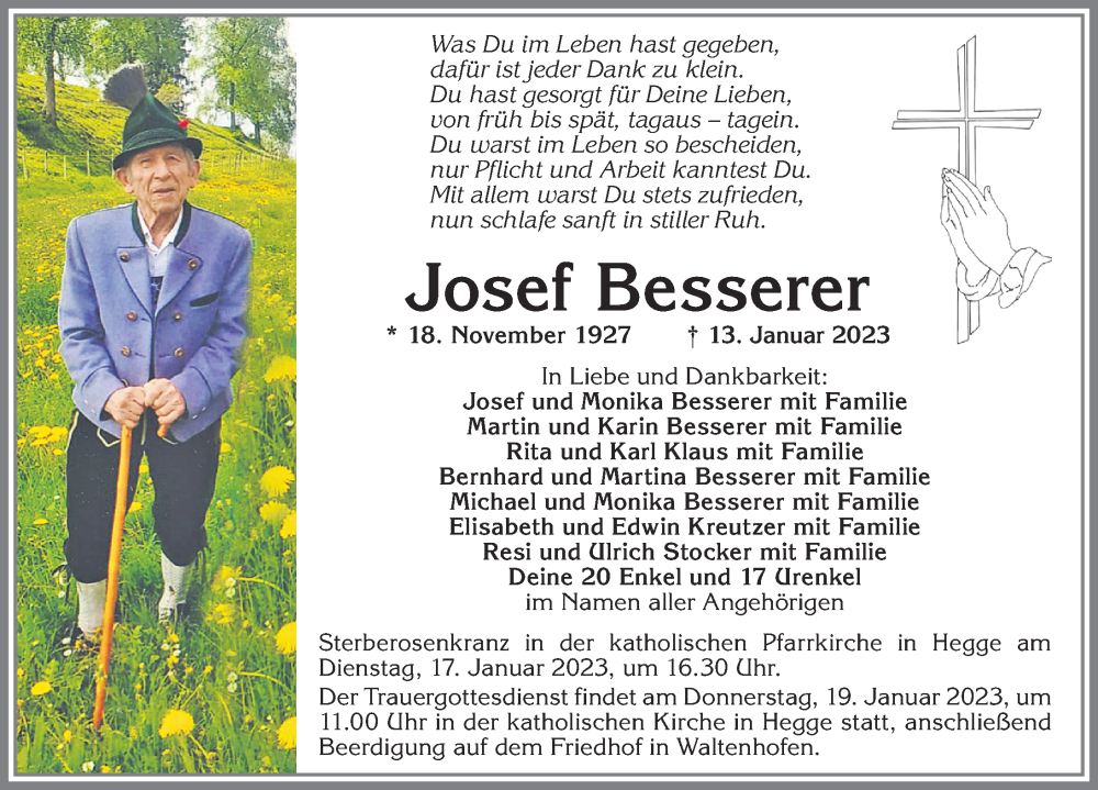  Traueranzeige für Josef Besserer vom 16.01.2023 aus Allgäuer Zeitung,Kempten