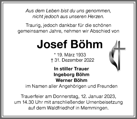 Traueranzeige von Josef Böhm von Memminger Zeitung