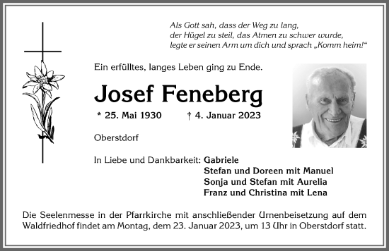 Traueranzeige von Josef Feneberg von Allgäuer Anzeigeblatt