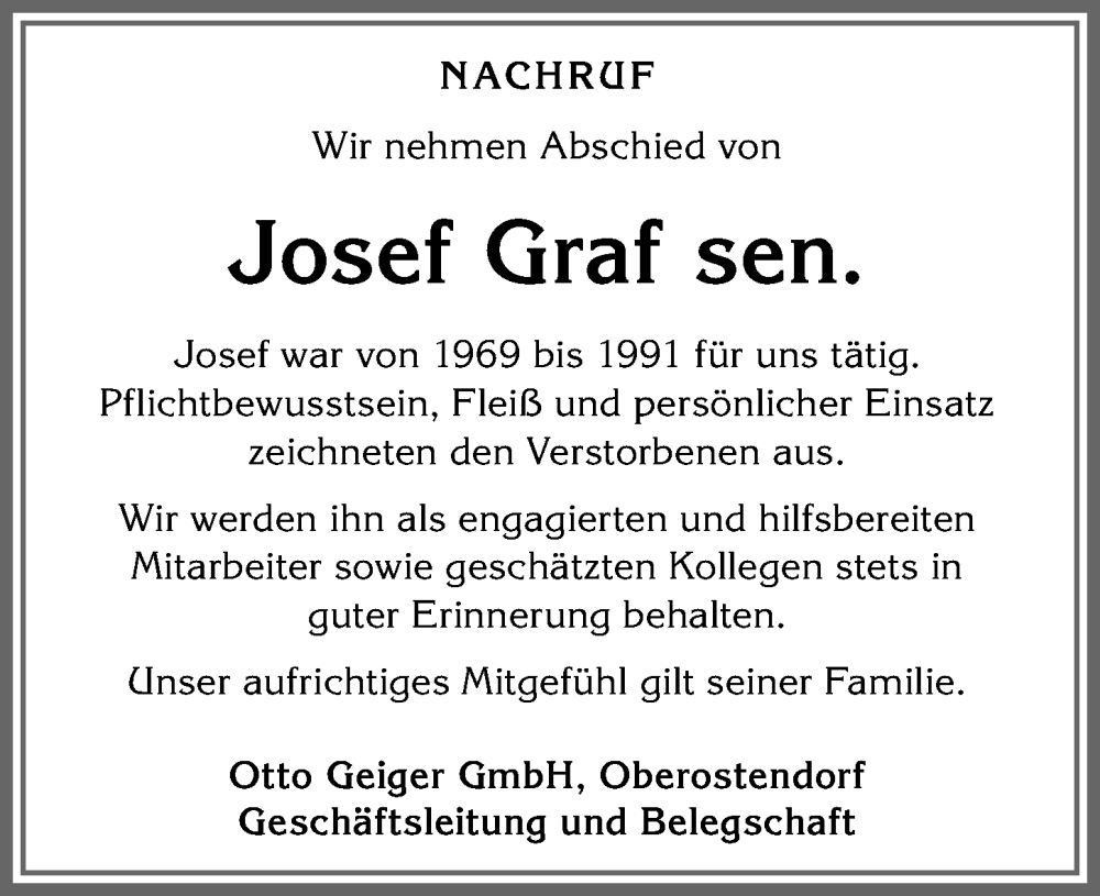  Traueranzeige für Josef Graf vom 28.01.2023 aus Allgäuer Zeitung, Kaufbeuren/Buchloe