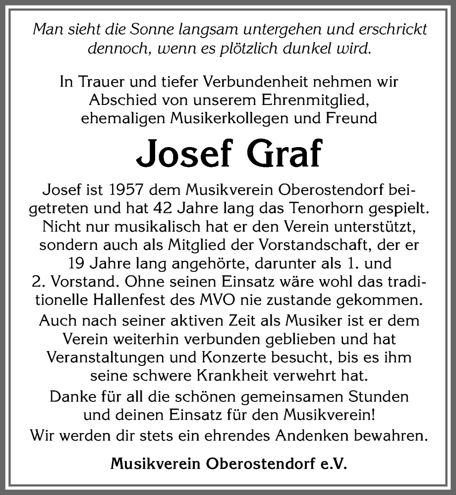  Traueranzeige für Josef Graf vom 27.01.2023 aus Allgäuer Zeitung, Kaufbeuren/Buchloe