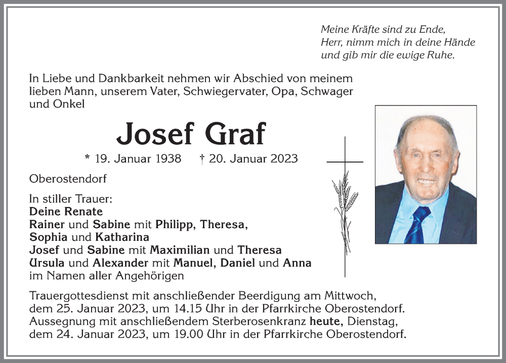  Traueranzeige für Josef Graf vom 24.01.2023 aus Allgäuer Zeitung, Kaufbeuren/Buchloe
