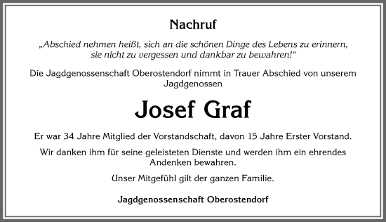 Traueranzeige von Josef Graf von Allgäuer Zeitung, Kaufbeuren/Buchloe