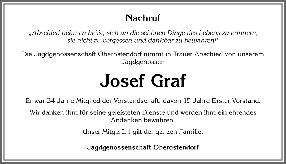  Traueranzeige für Josef Graf vom 26.01.2023 aus Allgäuer Zeitung, Kaufbeuren/Buchloe