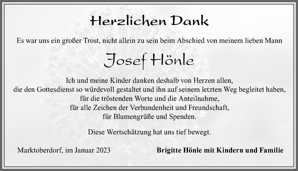  Traueranzeige für Josef Hönle vom 07.01.2023 aus Allgäuer Zeitung, Marktoberdorf