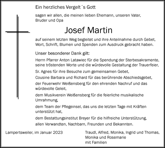 Traueranzeige von Josef Martin von Der Westallgäuer