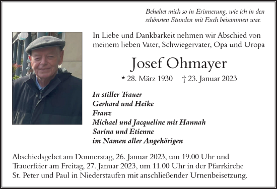 Traueranzeige von Josef Ohmayer von Der Westallgäuer