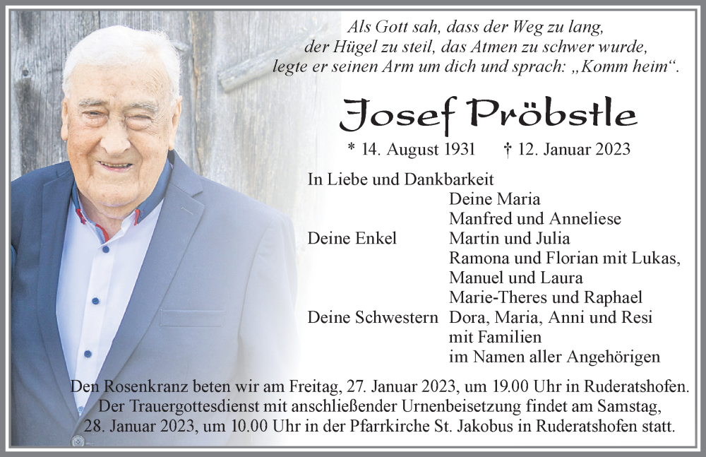  Traueranzeige für Josef Pröbstle vom 24.01.2023 aus Allgäuer Zeitung, Marktoberdorf