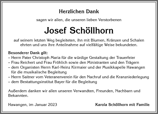 Traueranzeige von Josef Schöllhorn von Memminger Zeitung