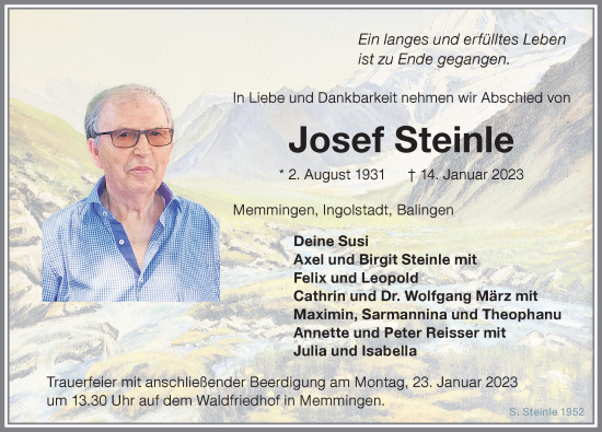 Traueranzeige von Josef Steinle von Memminger Zeitung