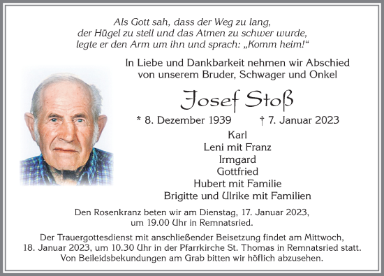 Traueranzeige von Josef Stoß von Allgäuer Zeitung, Marktoberdorf