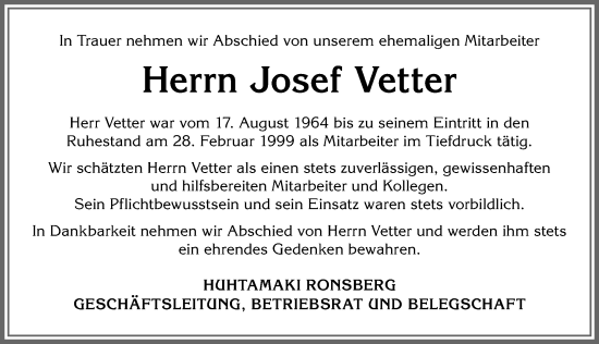 Traueranzeige von Josef Vetter von Memminger Zeitung
